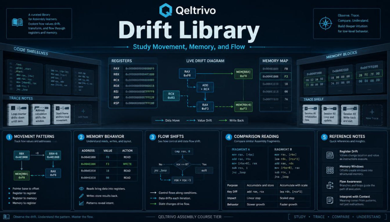 Qeltrivo Drift Library software interface with various modules and information on a dark background