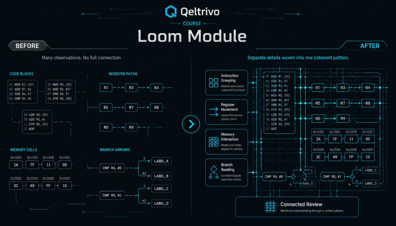 Qeltrivo Loom Module diagram showing before and after comparison on a dark background