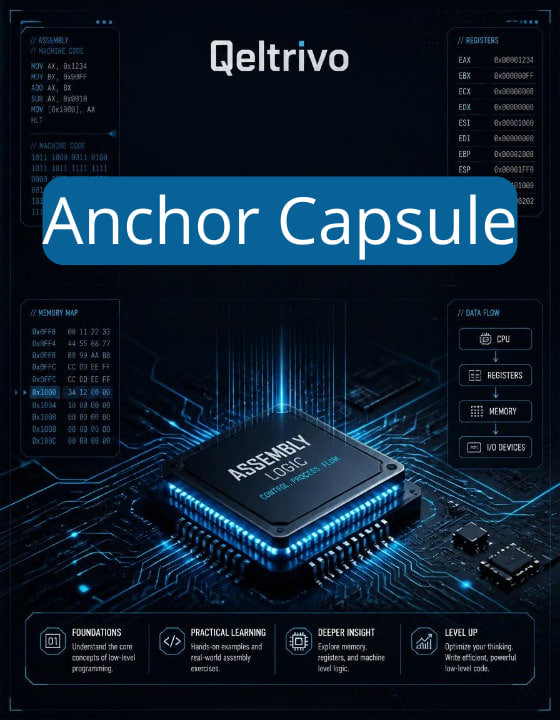 Qeltrivo Anchor Capsule product packaging with electronic components on a dark background