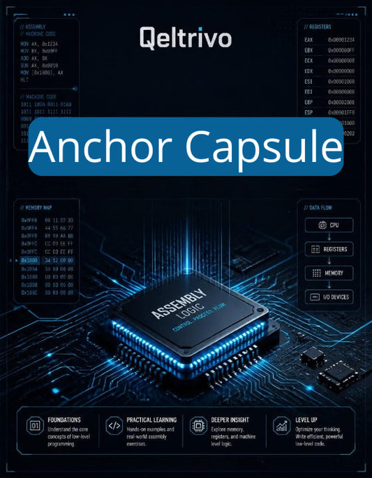 Qeltrivo Anchor Capsule product packaging with electronic components on a dark background