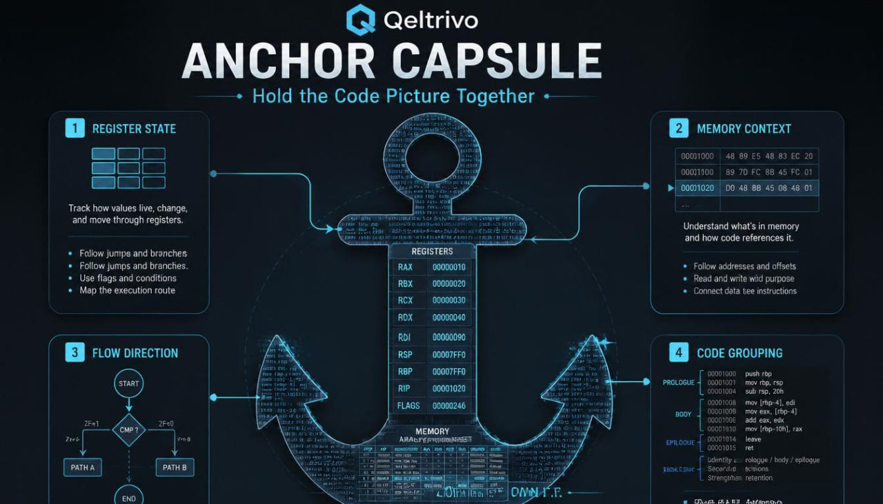 Diagram of an anchor with technical details and Qeltuvo branding on a dark background