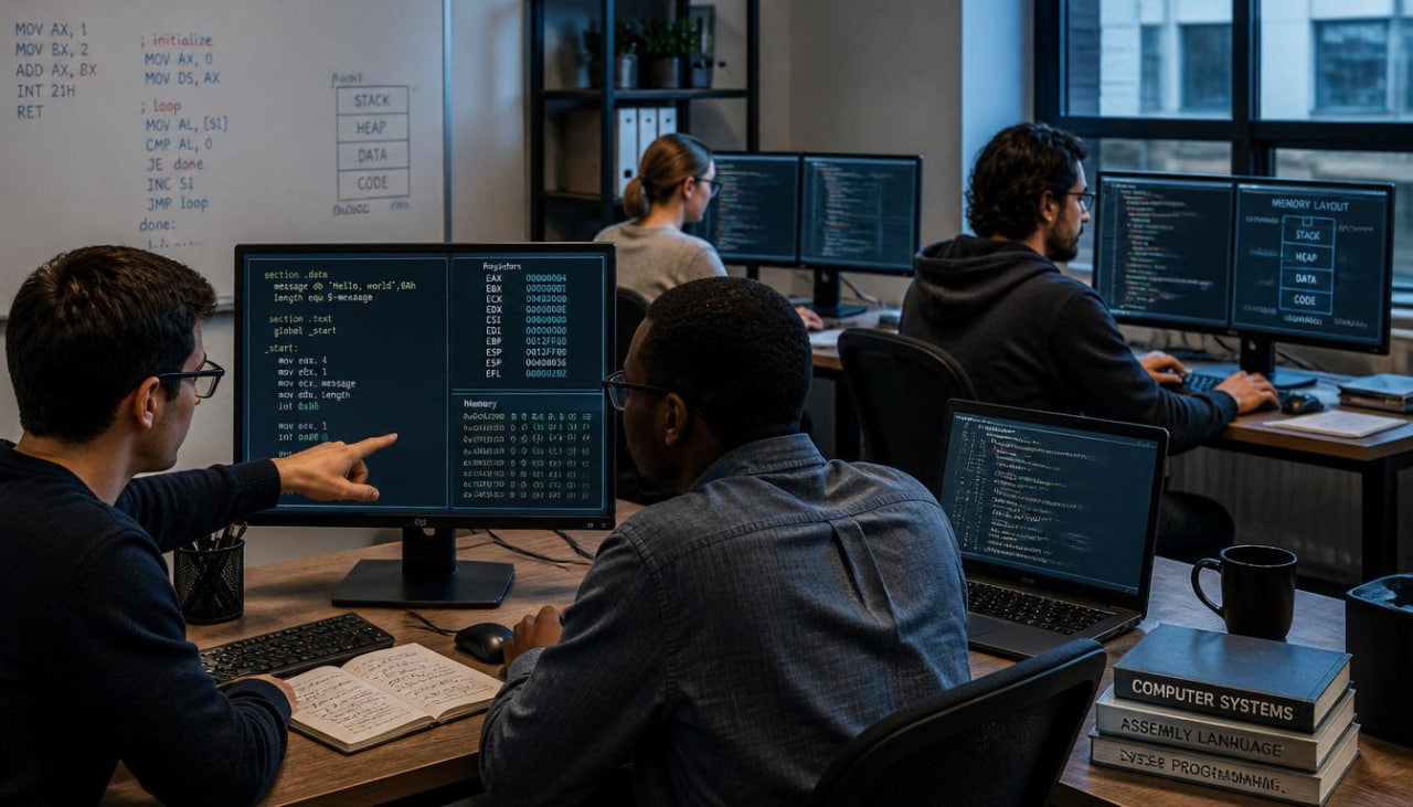 People working on computers in a room with multiple monitors and books.