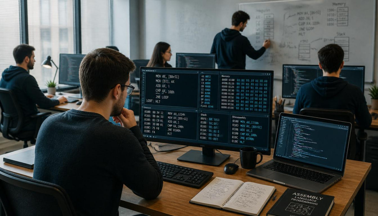 People working in a tech office with multiple monitors and a whiteboard.