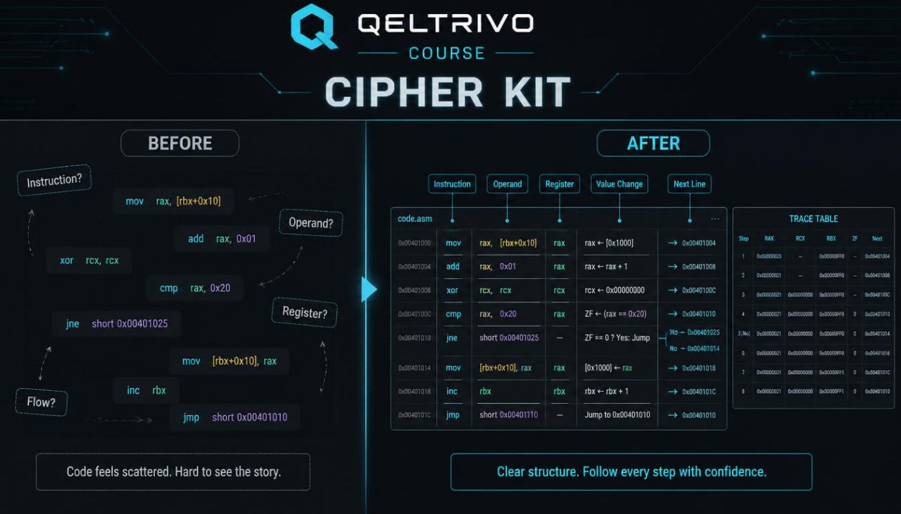 Qeltrivo Cipher Kit software interface with 'Before' and 'After' comparison on a dark background