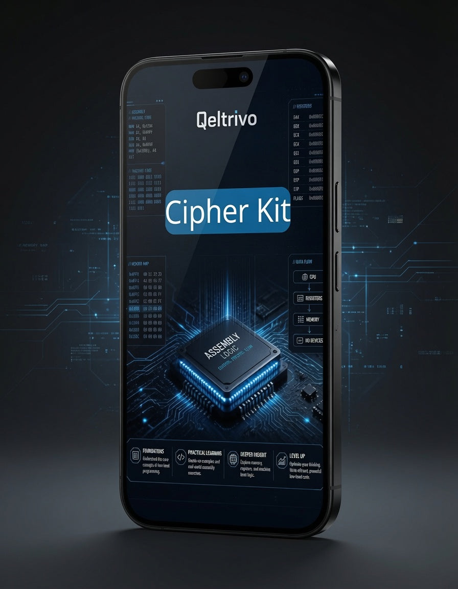 Smartphone displaying Qeltrivo Cipher Kit on a dark background with circuit design