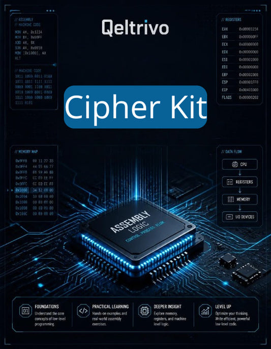 Qeltrivo Cipher Kit packaging with a digital circuit design on a dark background