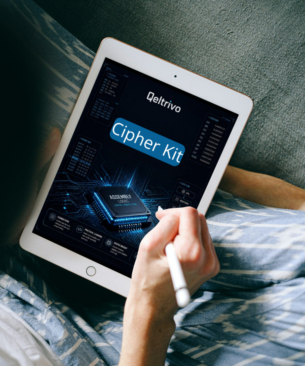 Person holding a tablet displaying Qeltrivo Cipher Kit on a bed