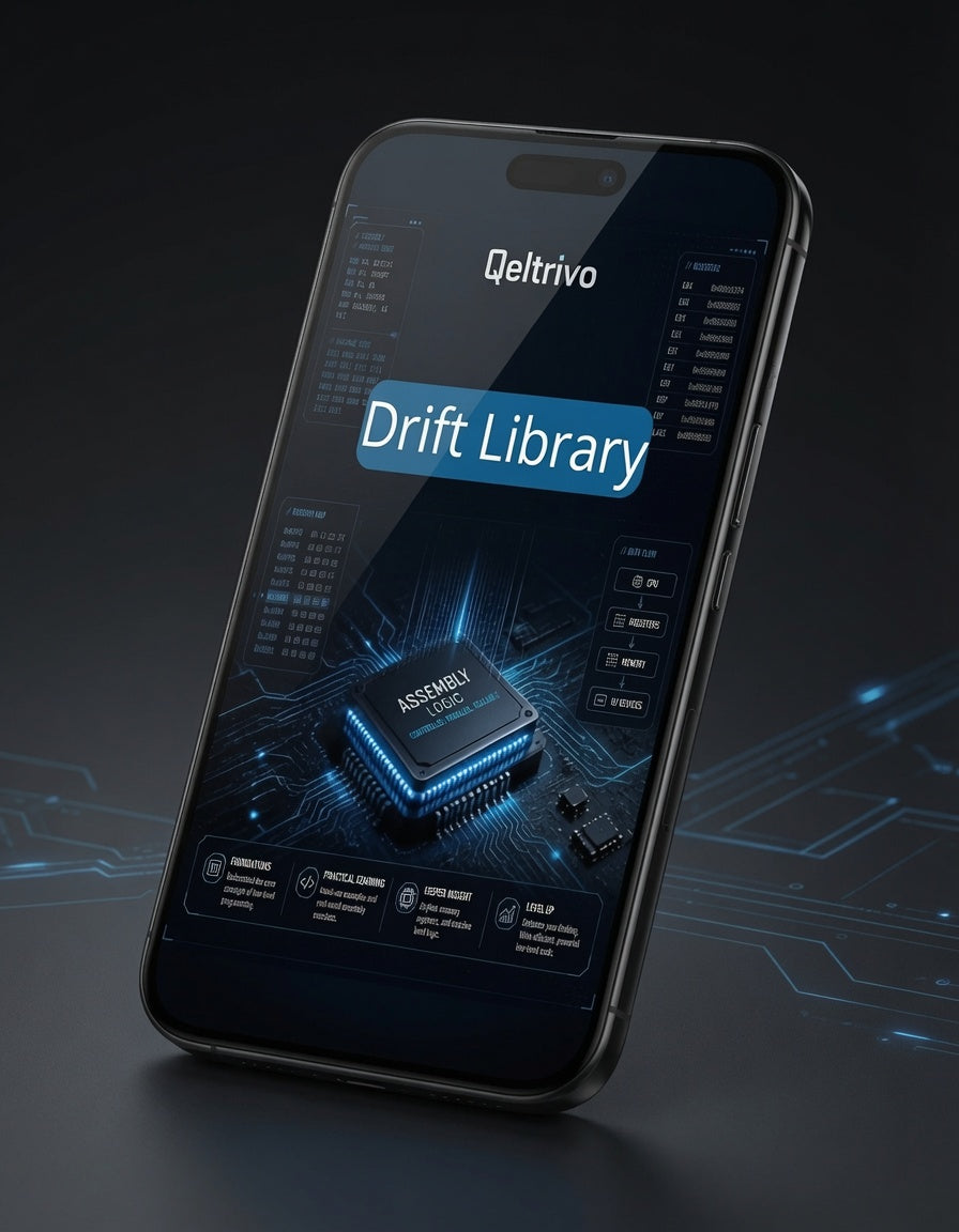 Smartphone displaying Qeltrivo Drift Library app on a dark background