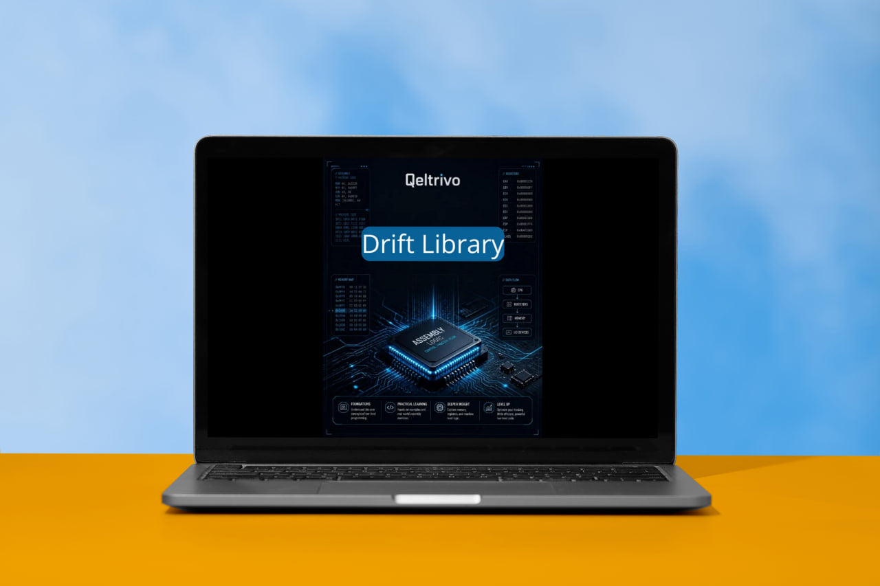 Laptop displaying 'Drift Library' on a blue and orange gradient background