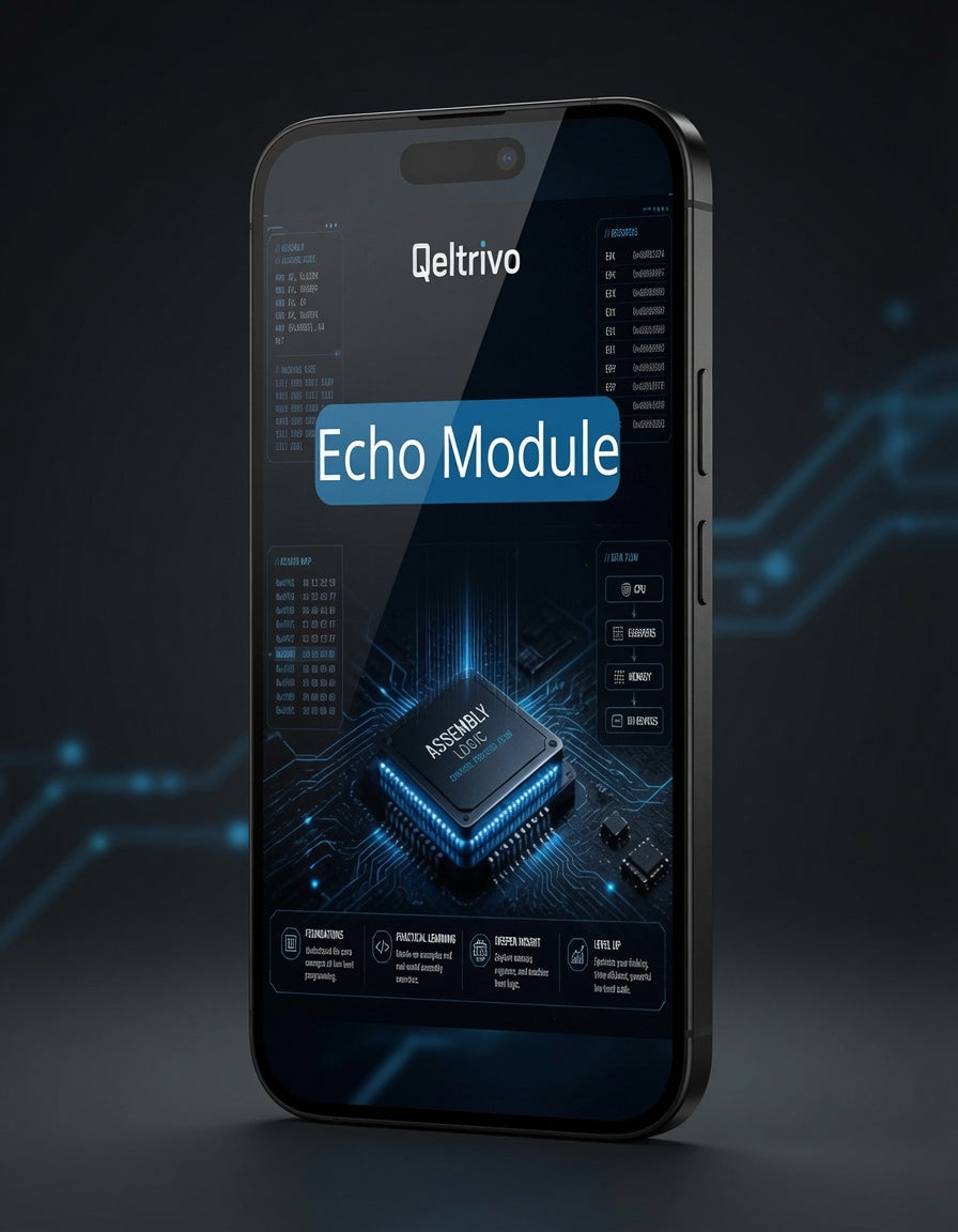 Smartphone displaying Qeltrivo Echo Module with a dark background