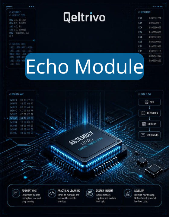 Qeltrivo Echo Module with electronic circuit design on a dark background