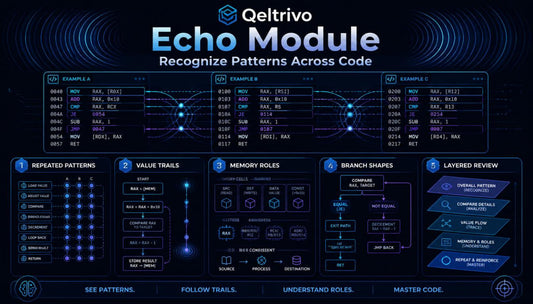 Qeltrivo Echo Module interface with various features on a dark background