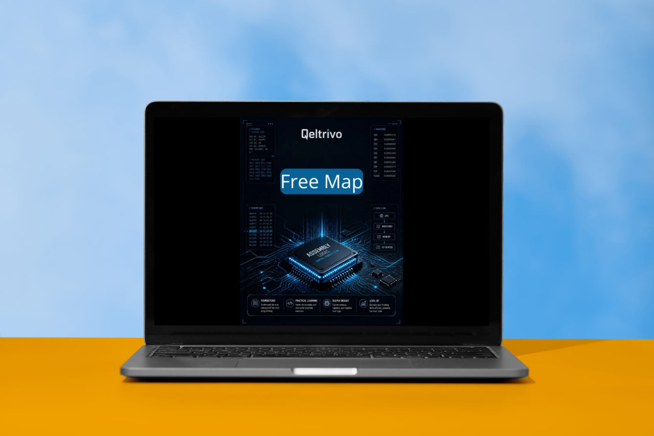 Laptop displaying a Qeltrivo software interface on a blue and orange gradient background