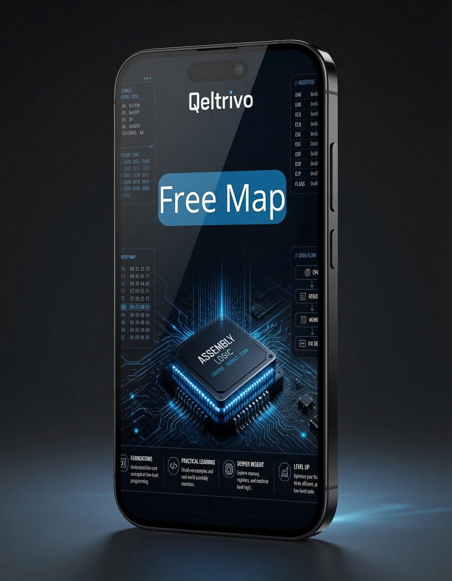 Smartphone with Qeltrivo app interface on a dark background