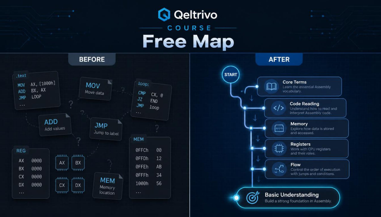 Qeltrivo Course Free Map with before and after diagrams on a dark background
