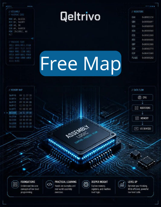 Qeltrivo free map advertisement with electronic components on a dark background