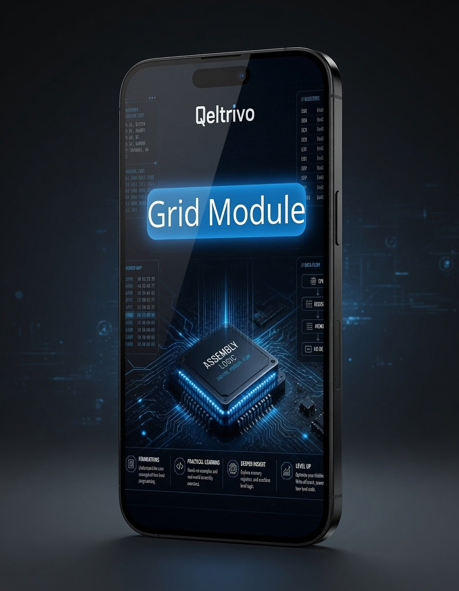 Smartphone displaying Qeltrivo Grid Module app with a dark background