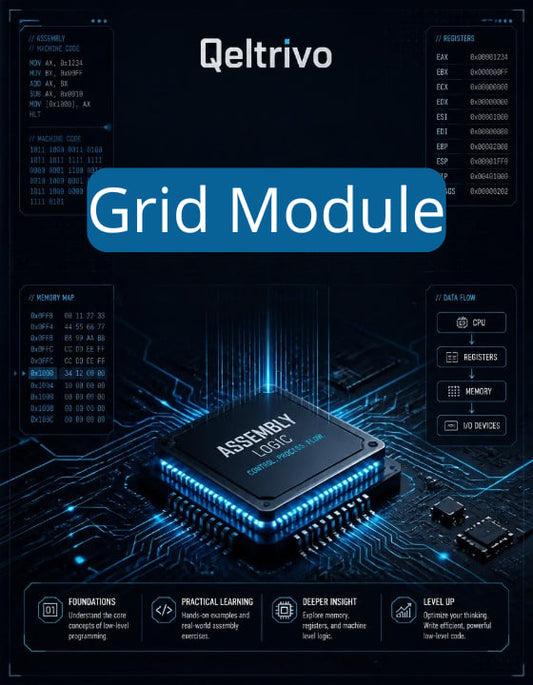 Qeltrivo Grid Module with electronic components on a dark background