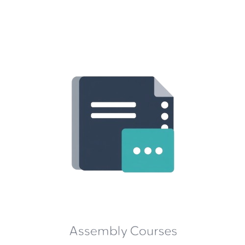 Icon of a document with a blue square and text on a white background, labeled 'Assembly Courses'.