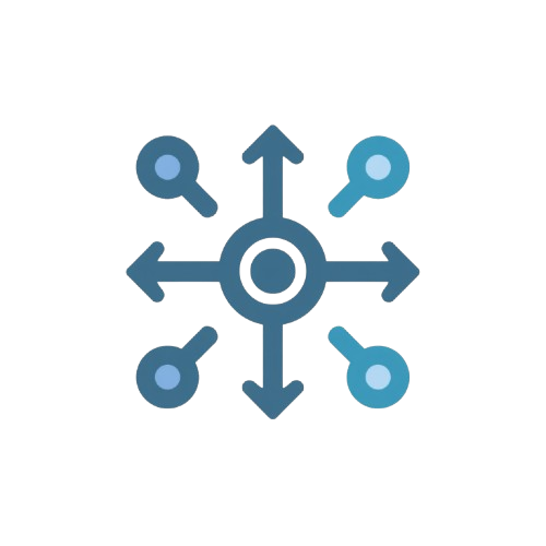 Central circular icon with outward-pointing arrows and search icon elements on a white background