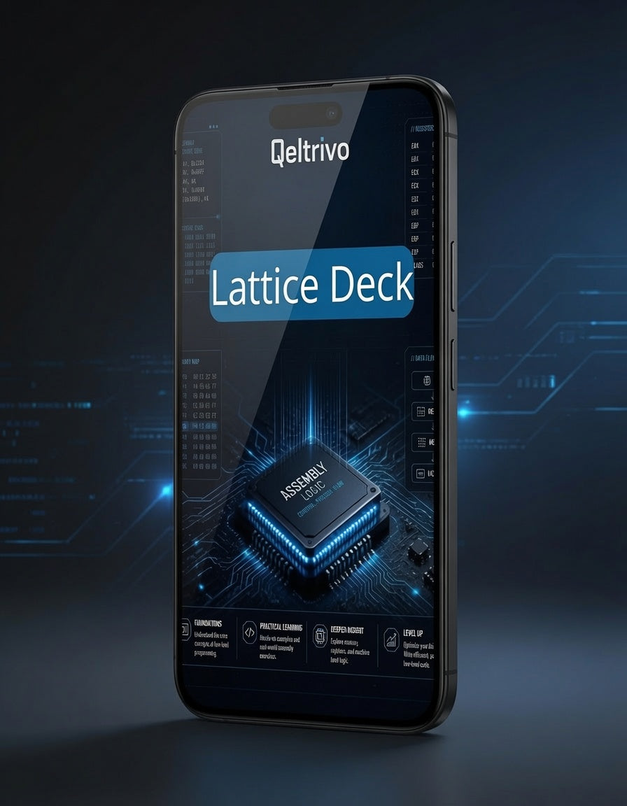Smartphone displaying Qeltrivo Lattice Deck app with a dark background