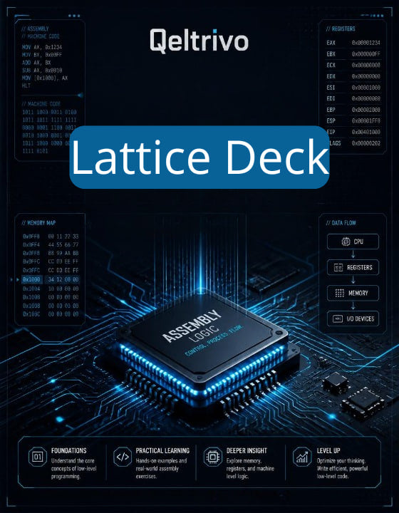 Qeltrivo Lattice Deck cover with a chip and technical graphics on a dark background