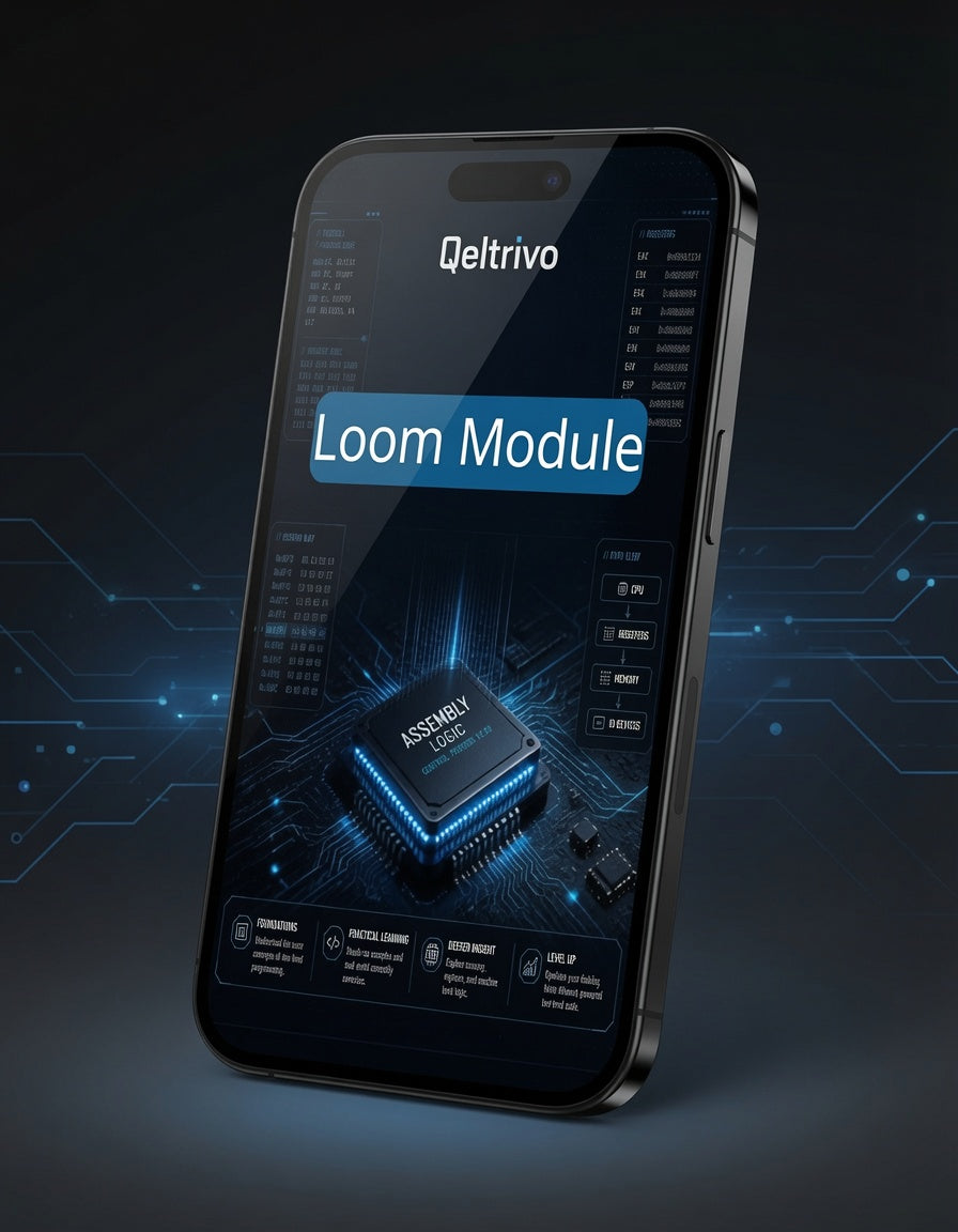 Smartphone displaying Qeltrivo Loom Module app on a dark background with circuit design elements.