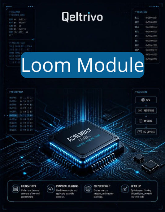 Qeltrivo Loom Module with electronic components on a dark background