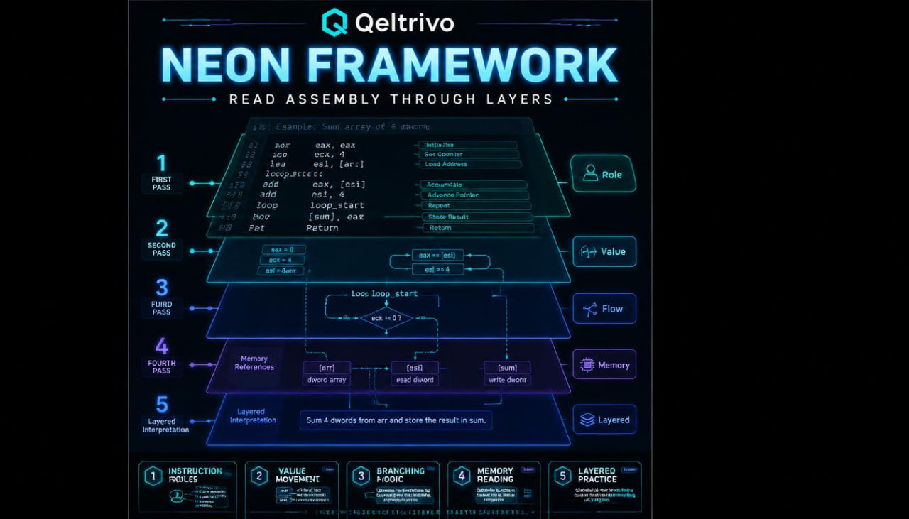 Qeltrivo Neon Framework diagram on a dark background