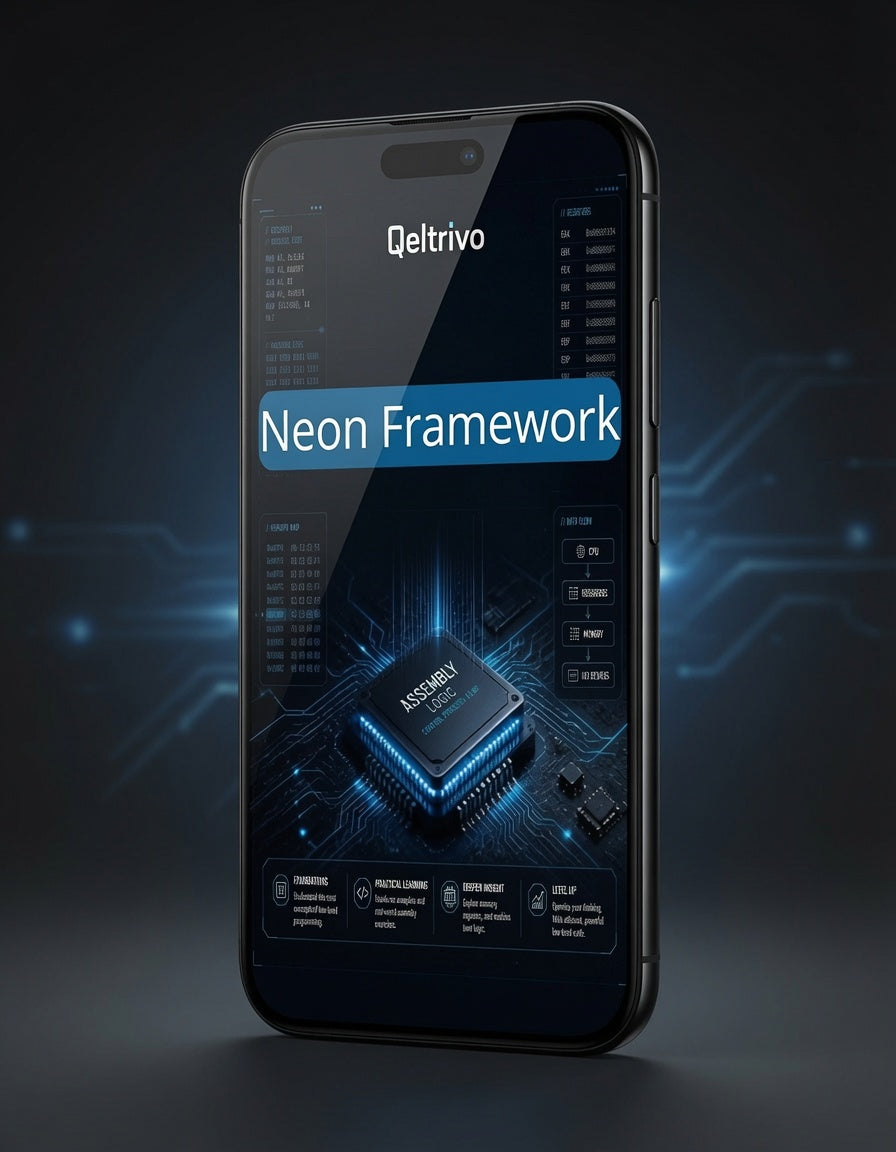 Smartphone displaying Qeltrivo Neon Framework on a dark background
