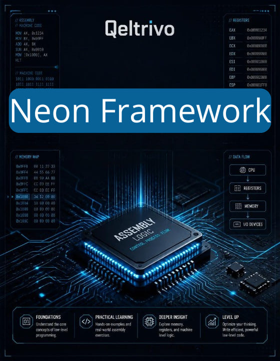 Qeltrivo Neon Framework cover with electronic components and code on a dark background