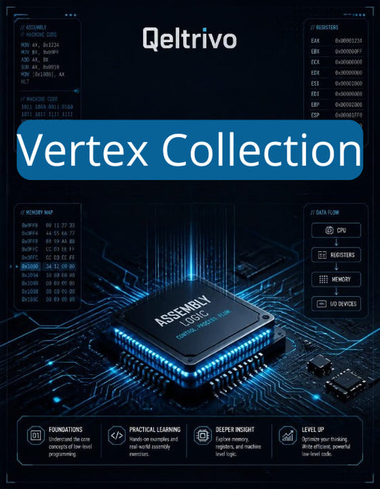 Qeltrivo Vertex Collection cover with electronic components and coding text on a dark background
