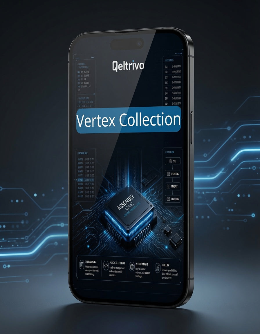 Smartphone displaying Qeltrivo Vertex Collection with a dark background and circuit design.